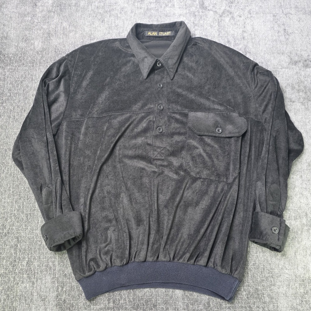 Vtg Alan Stuart Popover Polo Shirt Mens Large Black Velour Made In USA 80s 90s L